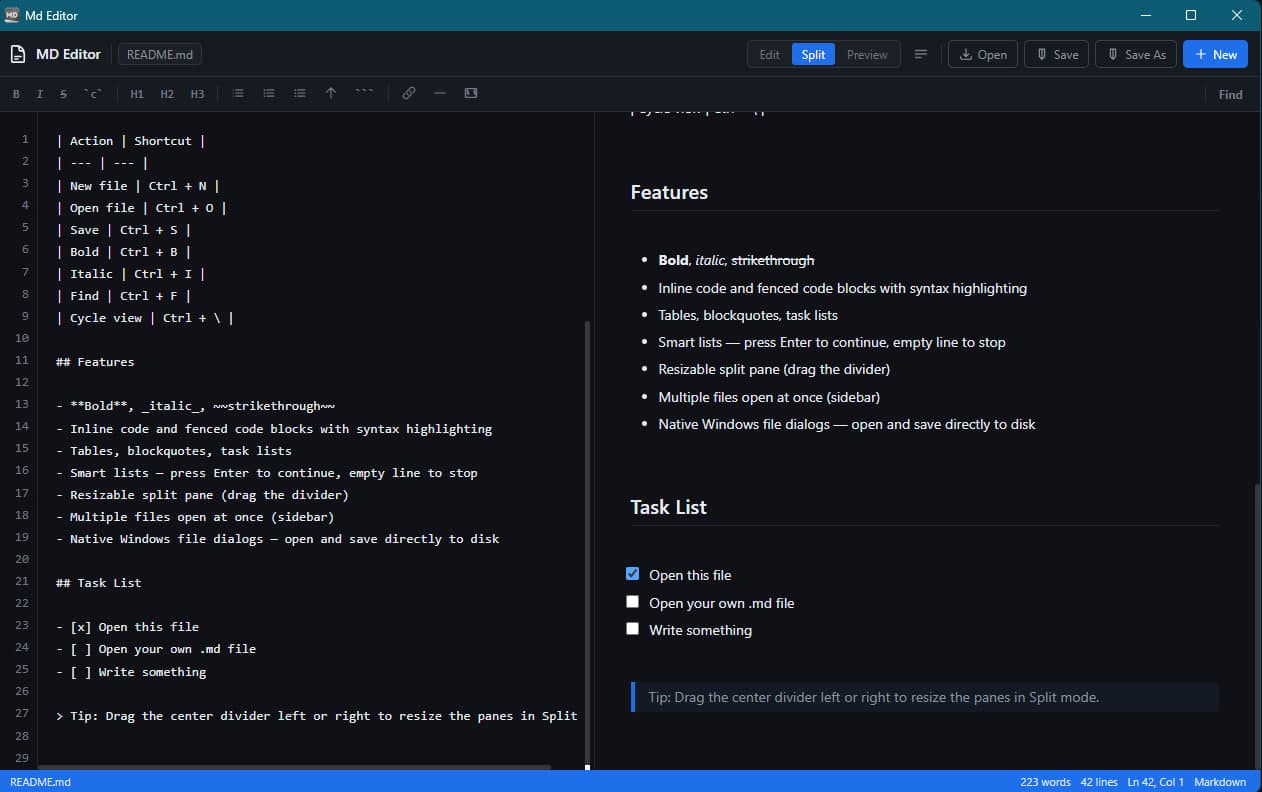 Markit split view showing markdown editing with live preview