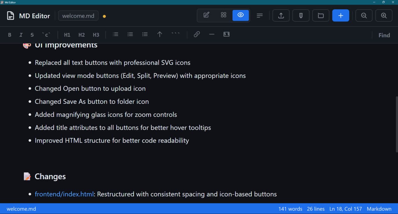 Markit edit mode showing markdown source with syntax highlighting